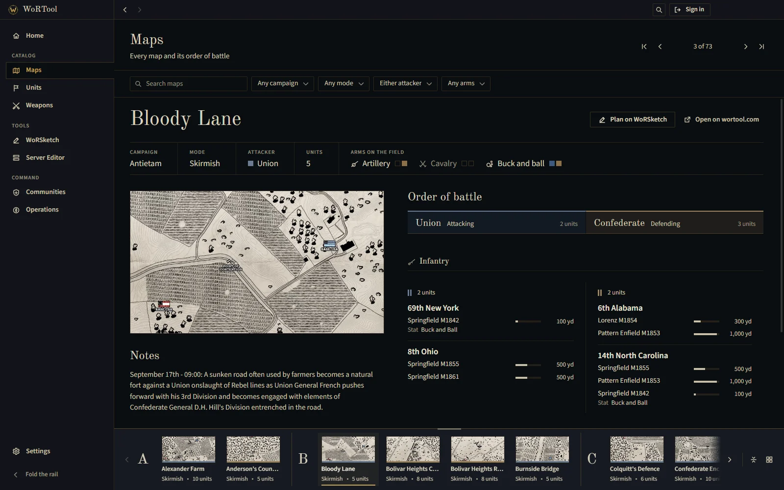 The WoRTool desktop app open on the Bloody Lane map, with its facts, its order of battle for both sides, and the catalog strip along the bottom.